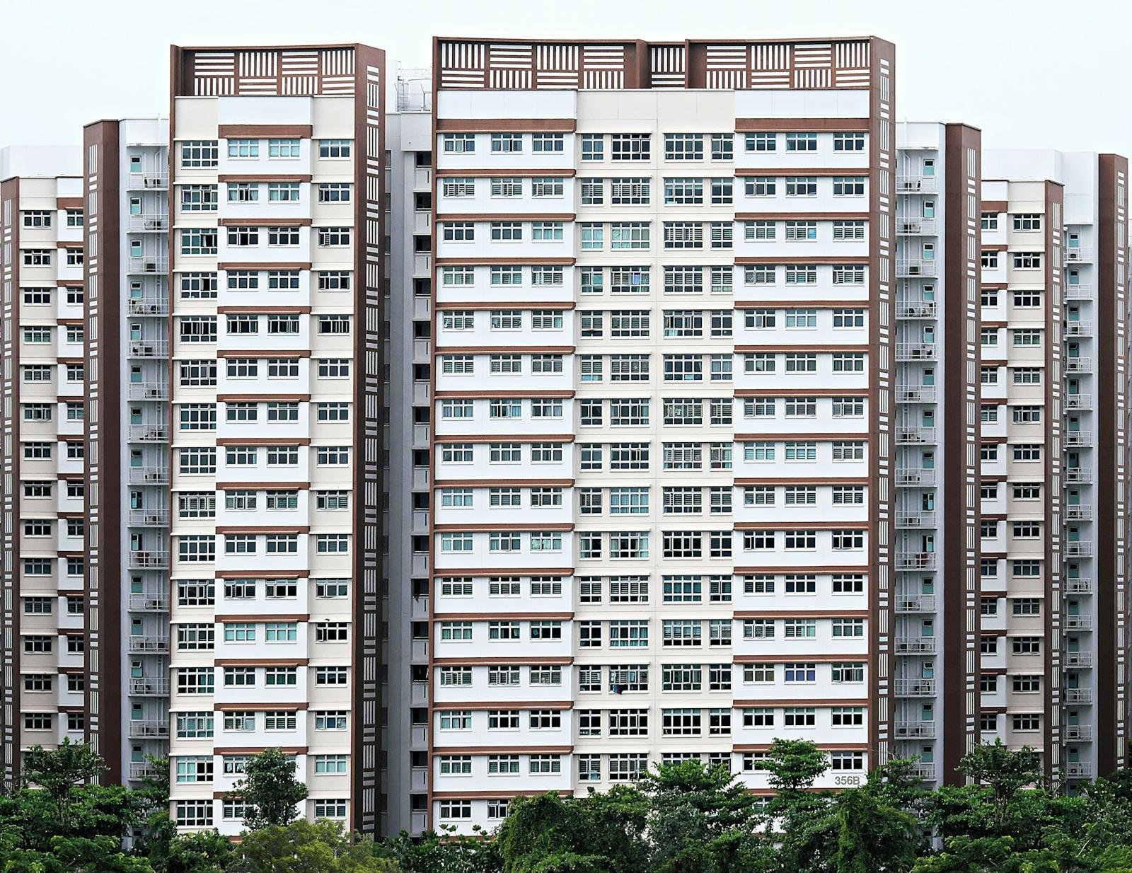 Row of HDB residential blocks above trees in Singapore